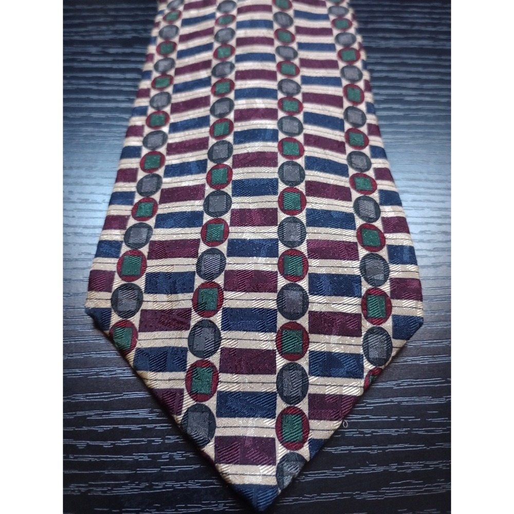 Vintage Bill Blass Silk Necktie Geometric Stripe‎ Circle Pattern Cream...